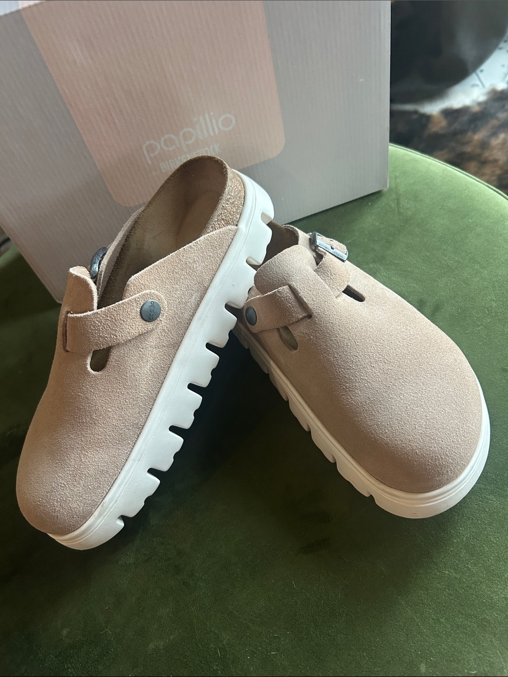 Birkenstock Papillio tan Suede Clog with White Lug Sole